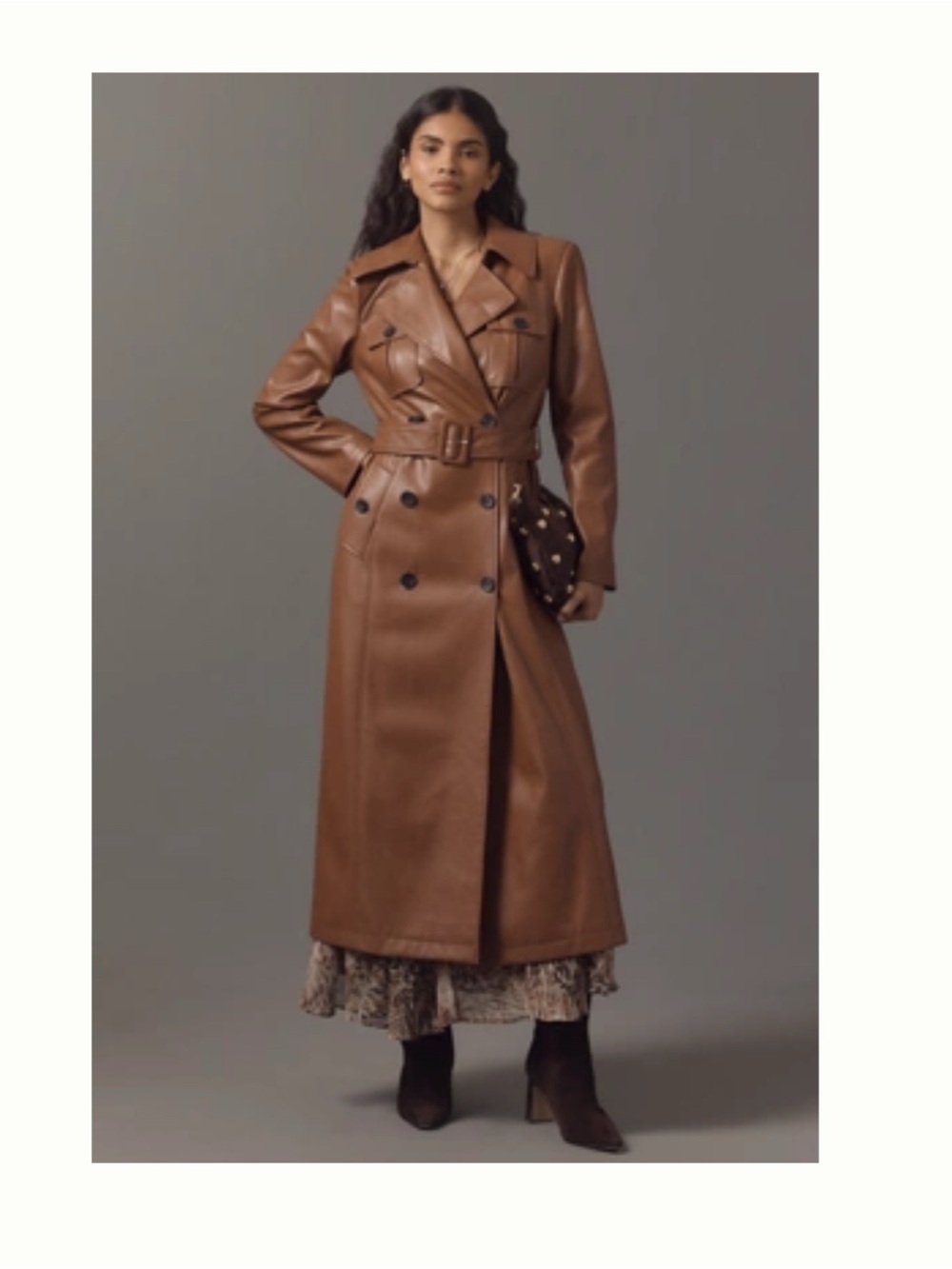 Avec Les Filles Brown Faux Leather Double-Breasted Trench Coat